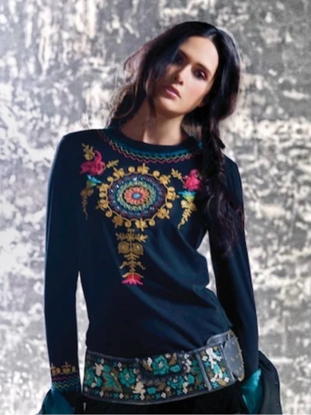 Double D Ranch Embroidered Blouse Women’s Large Black Colorful Western Boho Bird
